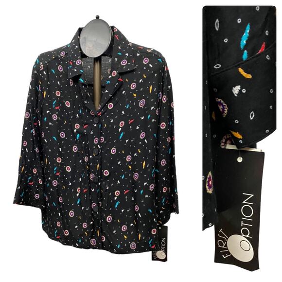 Deadstock Vintage Black Feather Abstract Print Blouse Shirt Top / Large * - Picture 1 of 4